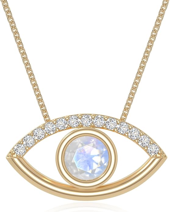 Natural Gemstone with Moissanite Evil Eye Pendant Necklaces for Women in Silver/18K Yellow/Rose Gold Vermeil,Birthstone Jewelry Gifts for Her Birthday,Anniversary, Graduation
