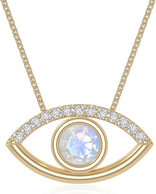 Natural Gemstone with Moissanite Evil Eye Pendant Necklaces for Women in Silver/18K Yellow/Rose Gold Vermeil,Birthstone Jewelry Gifts for Her Birthday,Anniversary, Graduation