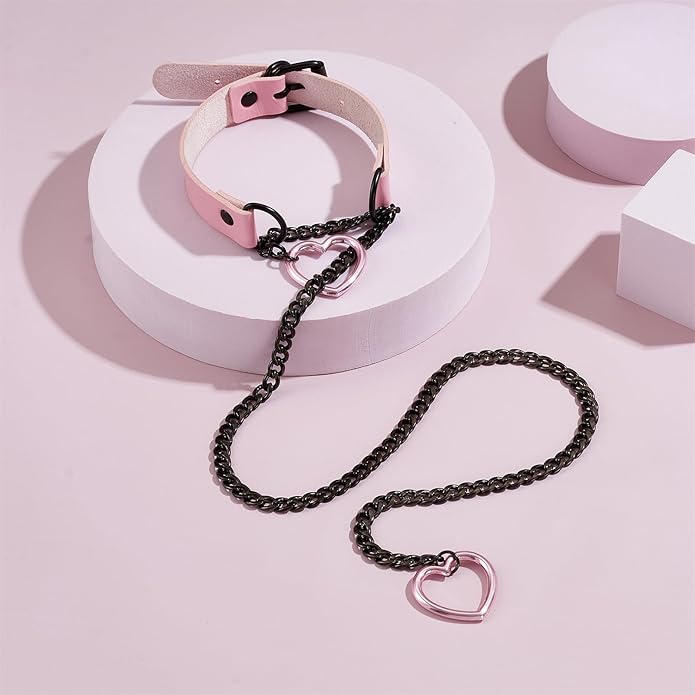 Leather Choker Slip Chain Necklace Stainless Steel Cuban Link Long Necklaces Gothic Punk Heart Chain Necklace Handmade Collars for Women