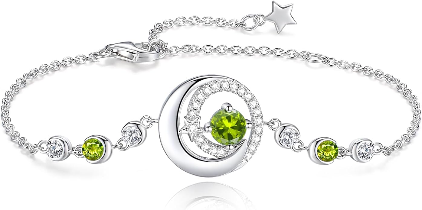 FANCIME Birthstone Bracelets 925 Sterling Silver Moon and Star Bangle Charm Bracelet Fine Jewelry Birthday Anniversary Christmas Day Gift for Her Women, Adjustable Chain 6.7"+1.2" Extend