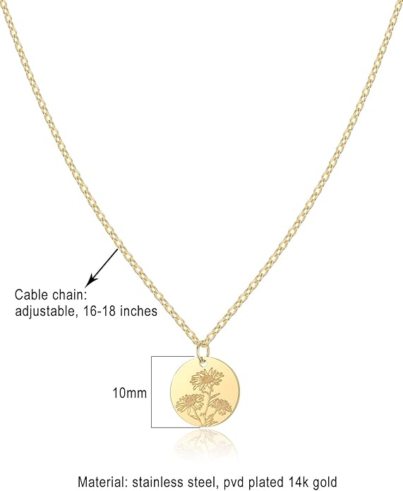 Birth Flower Necklace, 14K Gold Plated Floral Pendant Necklaces for Women, Simple Dainty Birth Month Flower Necklace, Birthday Jewelry for Women - 12 Month