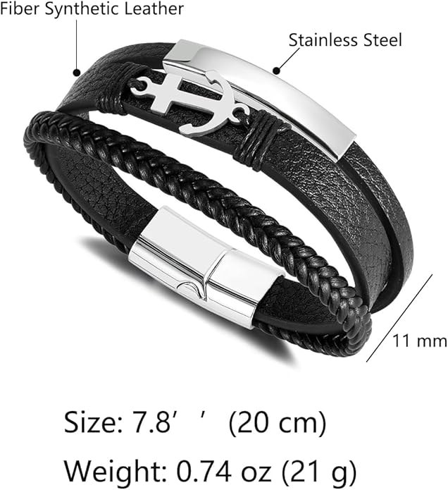 Italian Handmade Genuine Leather Bracelets for Men Stainless Steel Clip, Men's Casual Genuine Multi-layer Cuff Bracelet, Bracelet Gift for Real Men