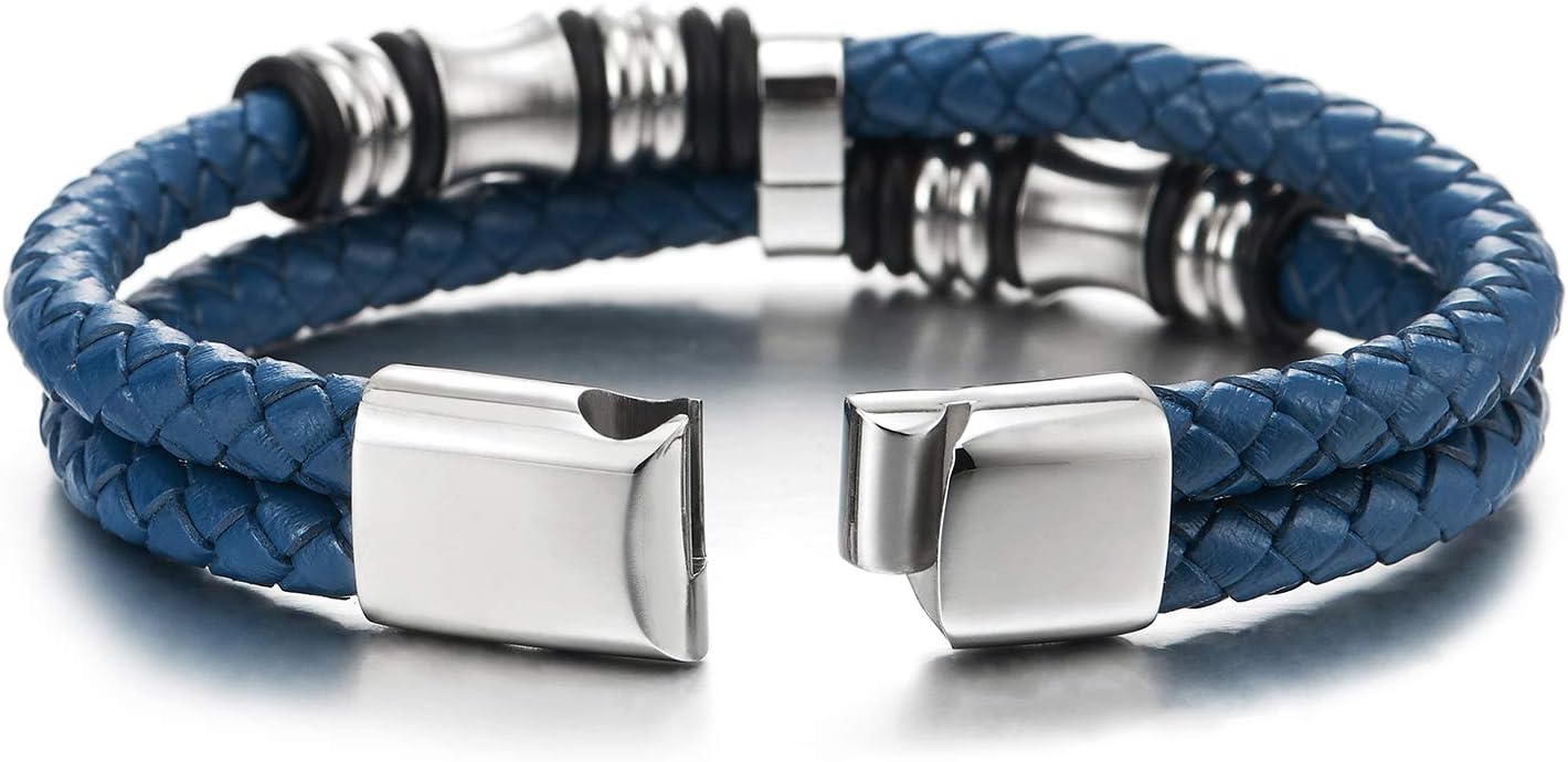 COOLSTEELANDBEYOND Mens Double-Row Braided Leather Bracelet Bangle Wristband with Stainless Steel Ornaments