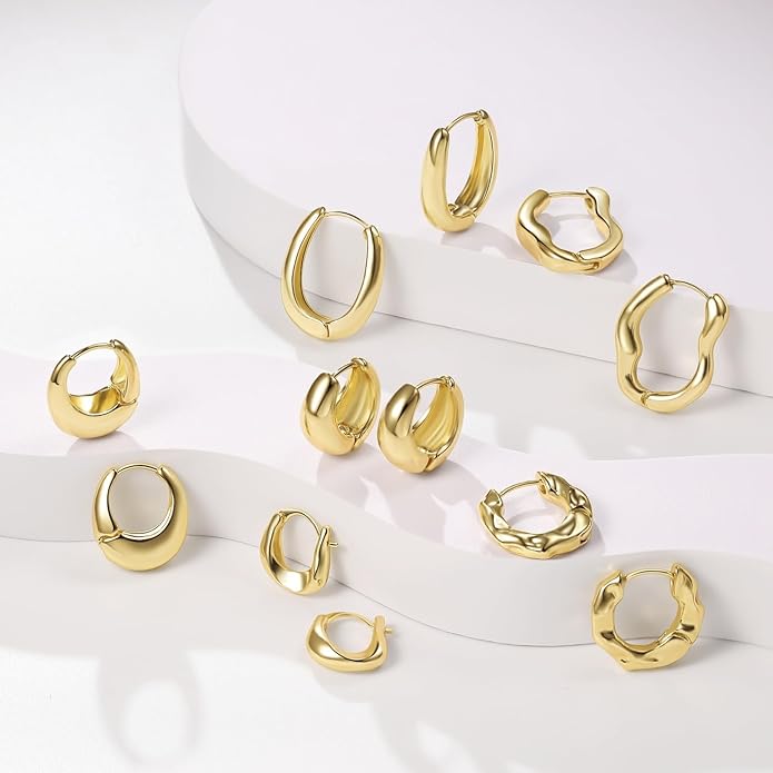 6 Pairs Gold Hoop Earrings Set for Women, 14K Gold Plated Huggie Chunky Earring Variety Pack, Hypoallergenic Thick Jewelry Gift
