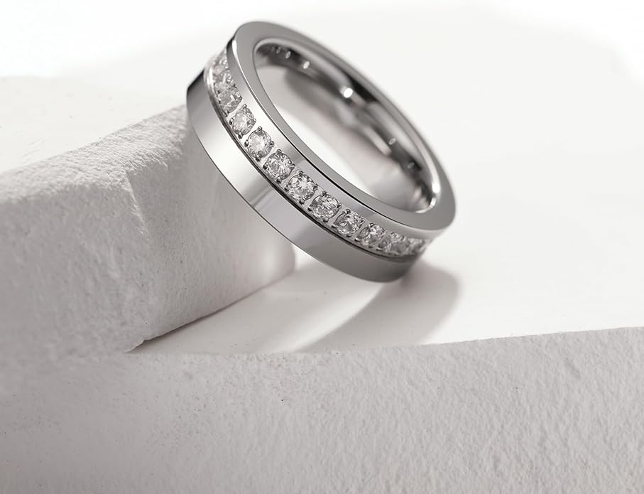 King Will Mens Tungsten Wedding Band with Cubic Zircon Inlay 7mm/8mm Flat Cut Comfort Fit Engagement Rings