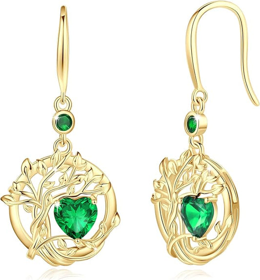 FANCIME Tree of Life Dangle Drop Earrings 925 Sterling Silver Dainty Round Gemstone Birthstone Earring Fine Jewelry Birthday Christmas Gifts for Her Women