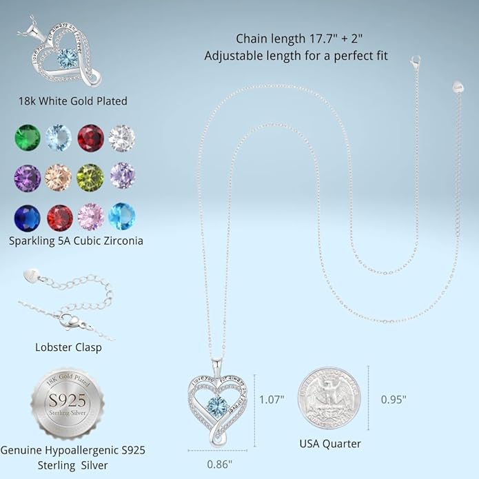 Birthstone Infinity Heart Necklace for Women Wife Girlfriend Mom Daughter Gifts S925 Silver Jewelry For Anniversary Rose Gold Gifts For Birthday Christmas Mothers Valentines Day