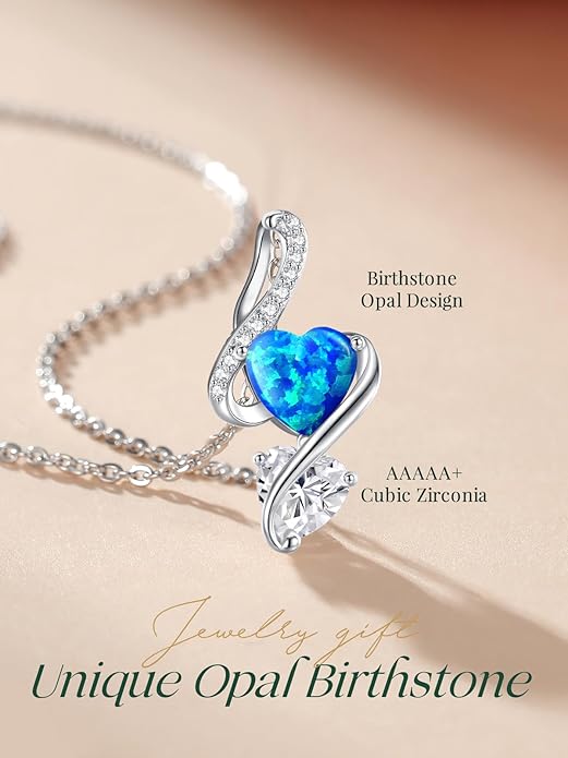 LOUISA SECRET 925 Sterling Silver Opal Birthstone Necklace, Unique Tiny Double Heart Pendant Jewelry, Engraved with "S925 I Love You" Best Birthday Gift for Women Wife Girlfriend Mom Her, Christmas Day Valentine's Day Anniversary Mother's Day