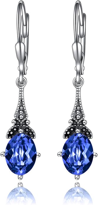 AOBOCO Vintage Earrings for Women Sterling Silver Retro Drop Dangle Leverback Earrings with 8x6mm Oval Genuine or Simulated Birthstone Crystal from Austria, Anniversary Jewelry Gifts for Her Women