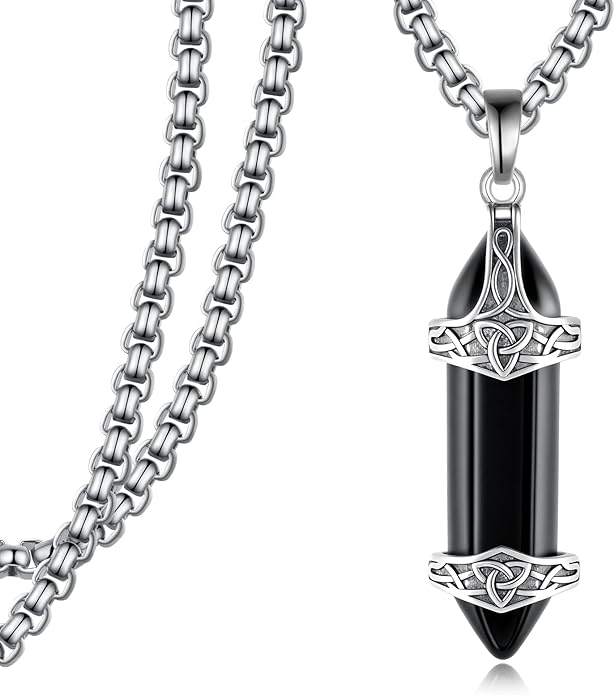 Tiaxiemo Viking Necklace for Men 925 Sterling Silver Obsidian Celtic Knot Necklace Norse Jewelry Gifts for Men