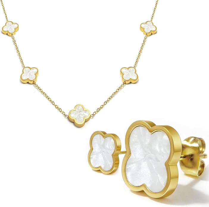 Aimétte Monette 18K Gold Plated Jewelry Set Clover Necklace Stud Earrings for Women Hypoallergenic Lucky Clover Pendant Necklace Gold Bracelets for Women Gifts