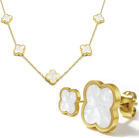 Aimétte Monette 18K Gold Plated Jewelry Set Clover Necklace Stud Earrings for Women Hypoallergenic Lucky Clover Pendant Necklace Gold Bracelets for Women Gifts