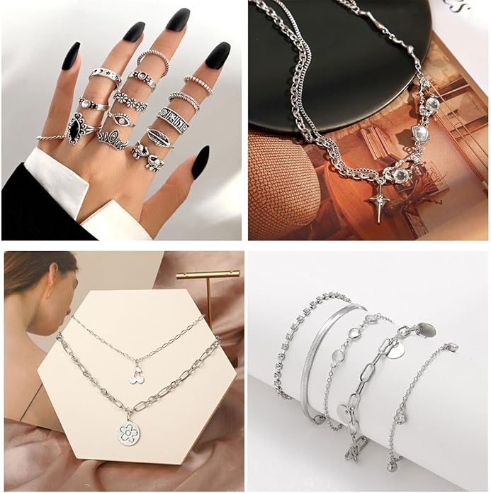 IFNODO 37pcs Silver Jewelry Set With 3 PCS Necklace, 14 PCS Bracelet, 7 PCS Ear Cuffs Earring, 6pcs Hoop Earrings,7pcs silver rings set For Women For Birthday Gifts