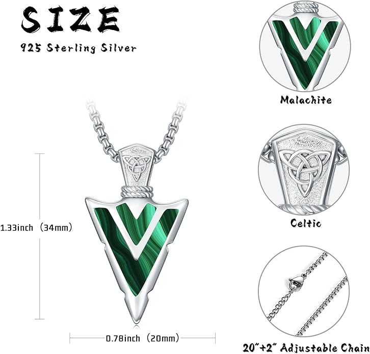 Suiknsn Arrowhead Necklace for Men Women 925 Sterling Silver Turquoise Malachite Celtic/Eye of Horus/Viking Arrow Pendant Amulet Jewelry Gifts Native American Necklace