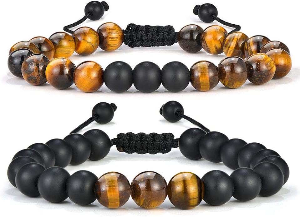 M MOOHAM Natural Stone Bracelets for Men - 8mm Tiger Eye, Matte Agate, Lava Rock - Teen Boys Gifts for Birthday, Anniversary, Christmas