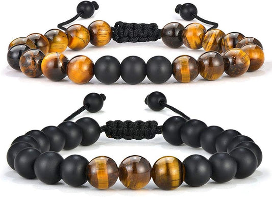M MOOHAM Natural Stone Bracelets for Men - 8mm Tiger Eye, Matte Agate, Lava Rock - Teen Boys Gifts for Birthday, Anniversary, Christmas