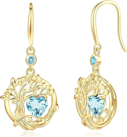 FANCIME Tree of Life Dangle Drop Earrings 925 Sterling Silver Dainty Round Gemstone Birthstone Earring Fine Jewelry Birthday Christmas Gifts for Her Women