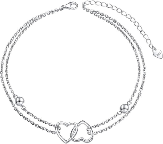Anklet for Women S925 Sterling Silver Adjustable Foot Evil Eye Starfish Heart Bead Butterfly Celtic Knot Cross Multilayer Layered Ankle Bracelet Jewelry