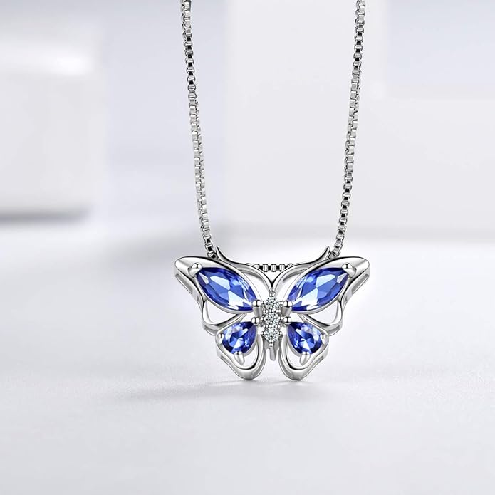 Aurora Tears Butterfly Birthstone Pendant Necklace - Women 925 Sterling Silver Butterflies Birthstone Pendant Necklace Jewelry Birthday Gift for Women