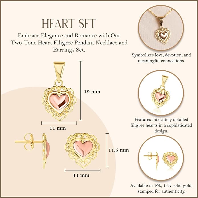 Claddagh Gold 10K or 14K Two-Tone Gold Heart Filigree Pendant Necklace Stud Earrings Set