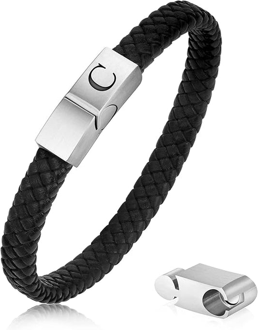 Leather Bracelets for Mens Gifts - Premium Genuine Leather Adjustable Stainless Steel Magnetic Clasp Mens Initial Bracelet, Unique Gifts for Men Husband Dad Son