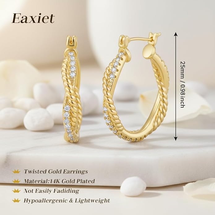 14K Gold Earring for Women Twisted Hoop Earrings Hypoallergenic Lightweight Trendy Gold Earring Jewelry Gift 25mm