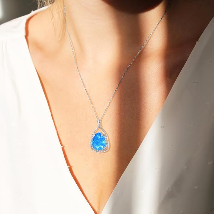 Teardrop Turquoise Pendant Necklace, 925 Sterling Silver December Birthstone Necklace Vintage Western Jewelry Gift for Women