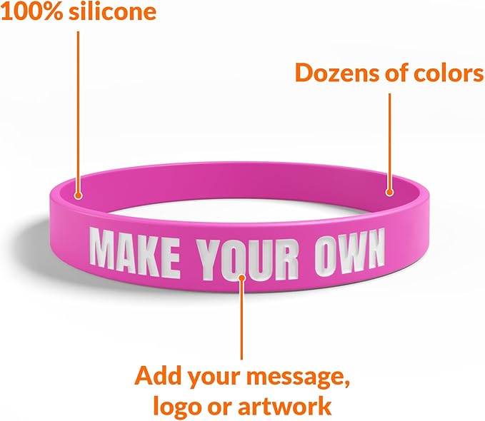Custom Wristbands For Events, Fundraisers & Promotions | Add Text, Icons, & Logos | Bulk Rubber Bracelets | Classic 1/2” | 100% Silicone