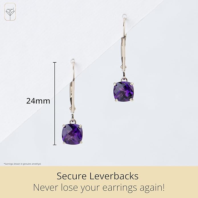 Solid 10K Gold Cushion Cut Dangle Gemstone Earrings for Women | 6mm Gemstone Birthstone Earrings | Checkerboard 10 Karat Gold Dangle Drop Leverback Earring for Women by MAX + STONE