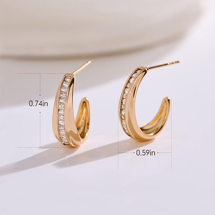 14K Gold & Rose Gold Hoop Earrings for Women, Chunky Huggie Half Hoops Earrings, Hypoallergenic Non Tarnish Cubic Zirconia Trendy Minimalist Everyday Jewelry Gift
