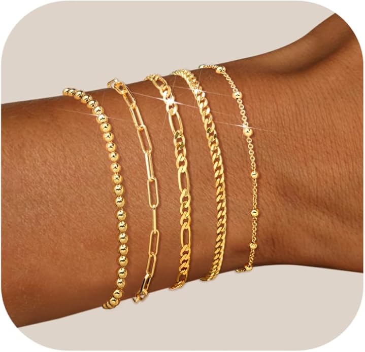 adoyi Gold Bracelets for Women, 14K Gold Plated Stackable Bracelet Stack Set Adjustable Charm Paperclip Chain Cuban Link Layered Waterproof Jewelry Sets Gifts for Womens 6.0/6.8/7.2"