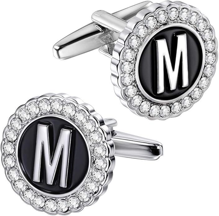 HAWSON A-Z Initial Cufflinks for Men and Women with Clear Crystal, Gold Silver Color Rasied Letter A-Z Cuff Links for French Shirt, Gift for Normal and Business Wearing