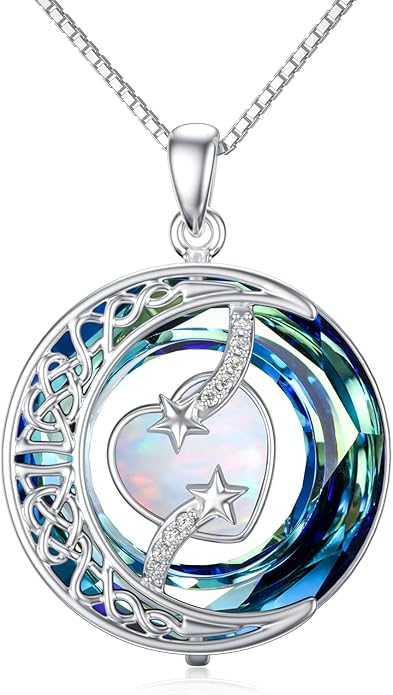 TOUPOP Christmas Gifts Birthstone Necklace 925 Sterling Silver Moon and Star Pendant with Blue Crystal Celtic Moon Jewelry Birthday Gifts for Women Mom Wife Her Daughter