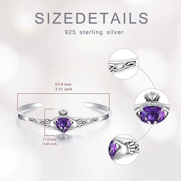 Genuine Amethyst Claddagh Cuff Bracelet for Women, 925 Sterling Silver Adjustable Celtic Knot Bangle, Irish Good Luck Friendship Gift for Her