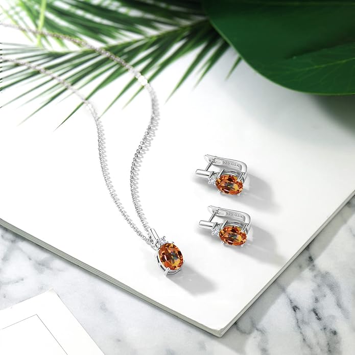 Gemstone Birthstone and White Created Sapphire Pendant and Earrings Jewelry Set for Women in 925 Sterling Silver | Oval 8X6MM and Round 2.5MM | With 18 Inch Chain | Fine Jewelry for Her Mom Women Wife