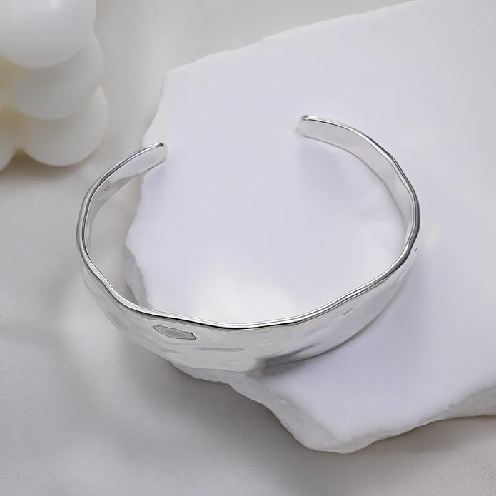 Sterling Silver Chunky Cuff Bracelet Vintage Hammered Texture Style Statement Open Bangle Bracelets for Women Men