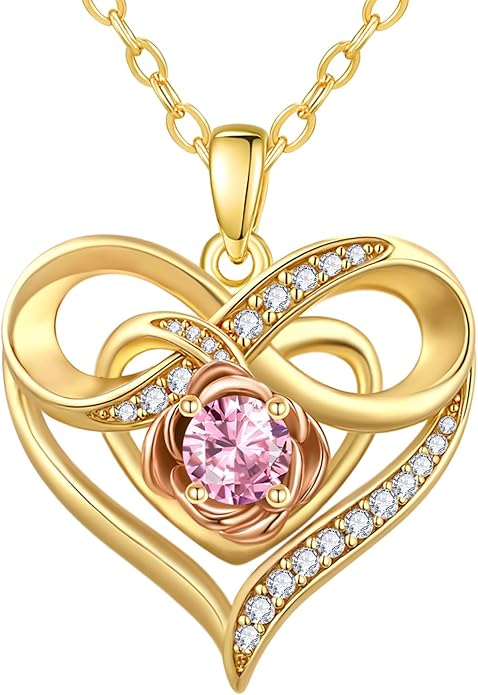 Infinite Heart Birthstone Necklaces for Women Gold Plated Pendant Wedding Anniversary Birthday Gift for Wife Her Mom Grandma Daughter Jewelry with Round Birthstone