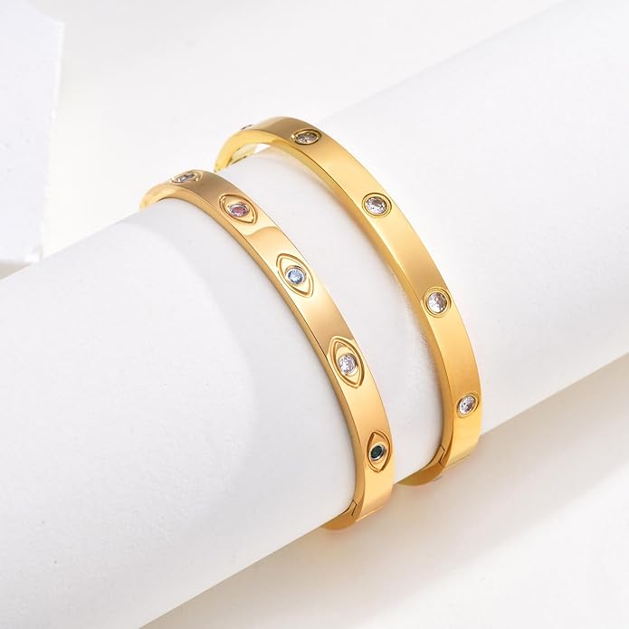 MPRAINBOW Gold Bracelets for Women, 2Pcs 18K Gold Plated Cubic Zirconia Bangle Crystal Friendship Bracelet Jewelry,Wedding Party Christmas Birthday Gifts for Her Girlfriend Sister Daughter