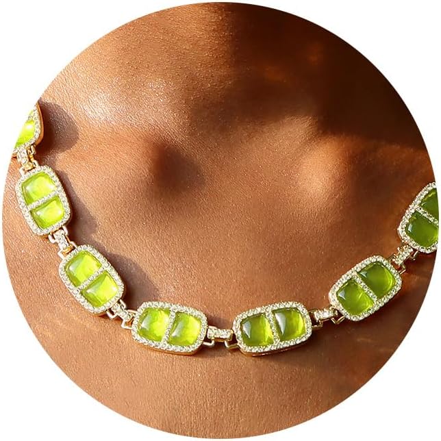 Chunky Necklace for Women 12 Colors Diamond Stone Gold Statement Necklace for Women Full Trendy Blue Birthstone Choker Necklace for Women Square Design Necklace Jewelry