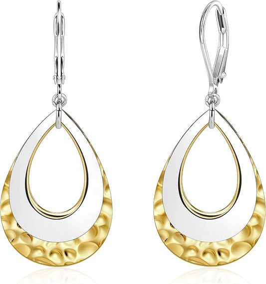 925 Sterling Silver Teardrop Dangle Earrings for Women Hammered Layer Drop Dangle Earrings Jewelry Hypoallergenic Boho Teardrop Leverback Dangle Earings for Jewelry Gifts