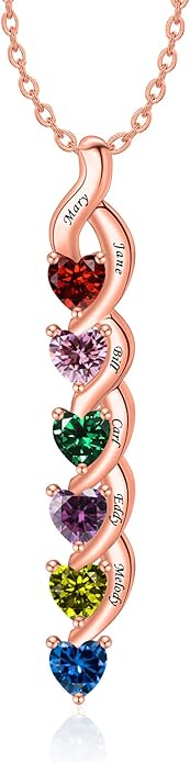 MissNaNa Sterling Silver Personalized Mothers Necklace with Simulated Birthstones Engraved 1-6 Children Names Custom Love Heart Pendant Family Necklace for Women Mother's Day Birthday