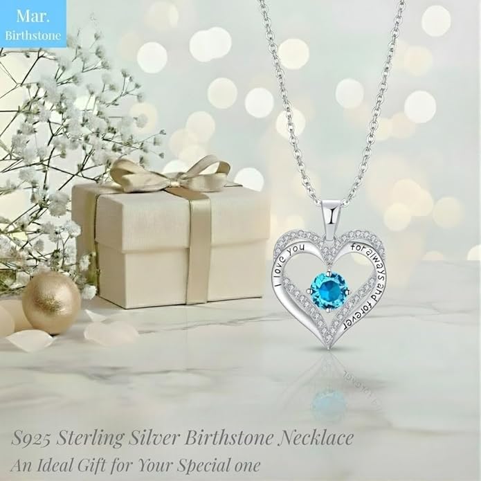 Birthstone Heart Necklace for Women Wife Girlfriend Mom Daughter Gifts S925 Silver Jewelry For Anniversary Rose Gold Gifts For Birthday Christmas Mothers Valentines Day
