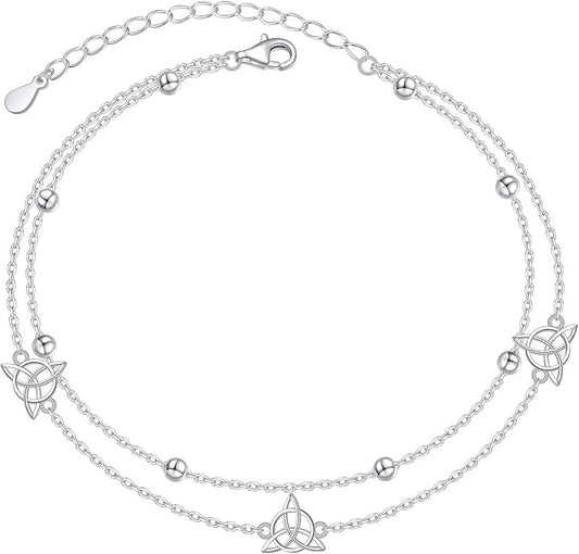 Anklet for Women S925 Sterling Silver Adjustable Foot Evil Eye Starfish Heart Bead Butterfly Celtic Knot Cross Multilayer Layered Ankle Bracelet Jewelry
