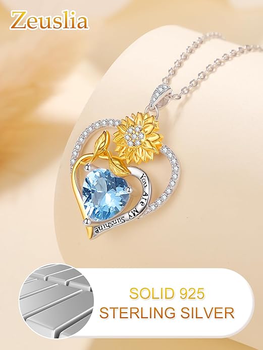 Zeuslia Double Birthstone Necklace Gifts for Wife - 925 Sterling Silver Sunflower/Rose/Crown Cross/Compass/Heart Pendant I Love You Necklace, Anniversary Birthday Gifts for Wife Girlfriend Mom Her
