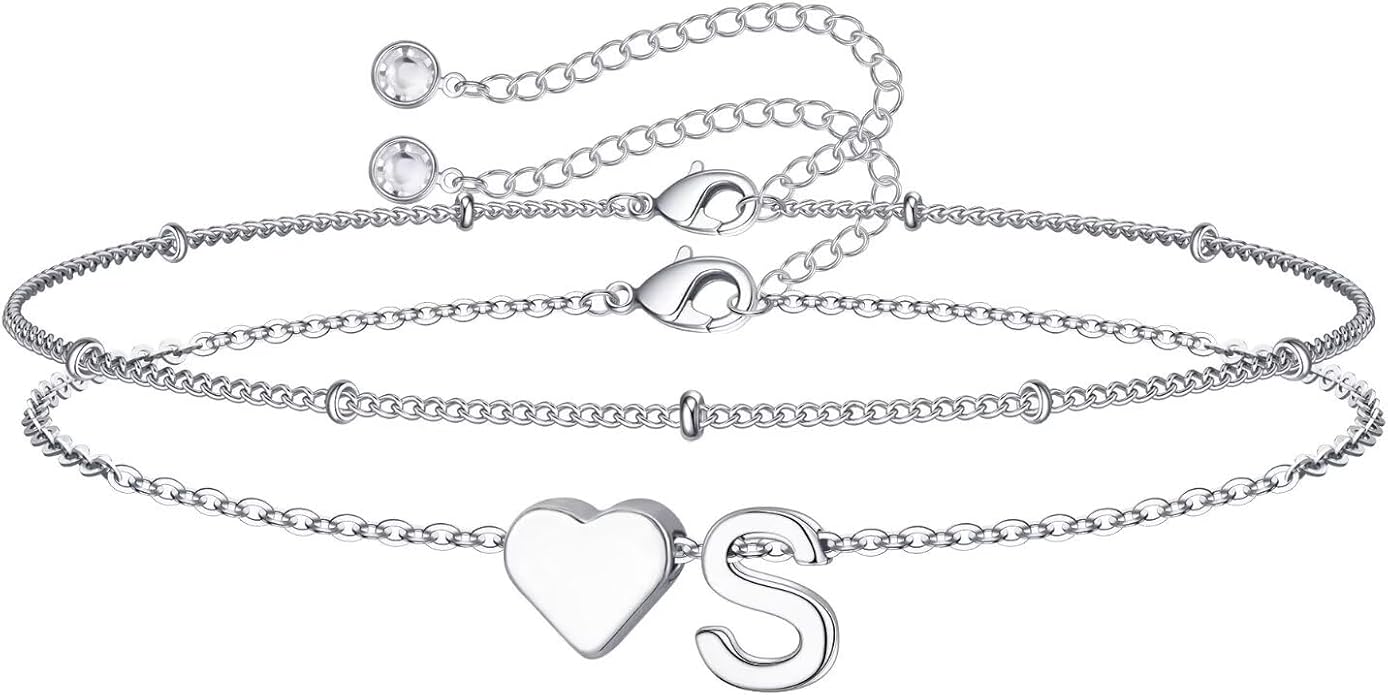 M MOOHAM Christmas Gifts for Grandkids Teens Girls -14K-Gold-Plated Heart Initial Bracelets for Women Girl Dainty Gold Bracelets Birthday Gift Stocking Stuffers for Women Teenage Girls Kids Gifts