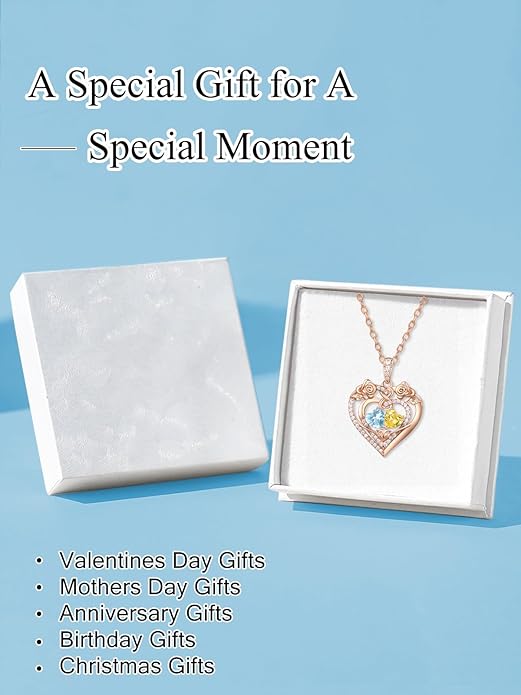 JIYVY32 Rose Heart Necklace for Women Exquisite 925 Sterling Silver Anniversary Birthday Gifts for Wife Mom Her Double Birthstone Pendant Jewelry