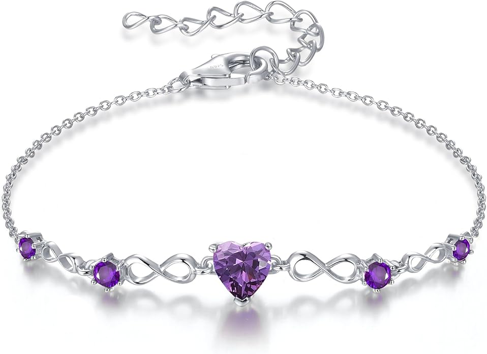 G&GEMSJEW Infinity Heart Birthstone Bracelets for Women, 925 Sterling Silver Women Charm Link Bracelet Adjustable, Birthday Anniversary Christmas Jewelry Gifts for Women Wife Mom Girlfriend Her