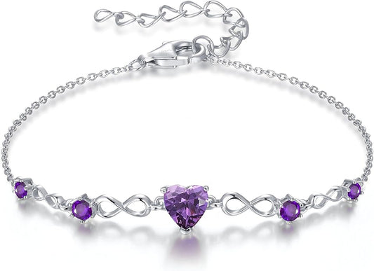 G&GEMSJEW Infinity Heart Birthstone Bracelets for Women, 925 Sterling Silver Women Charm Link Bracelet Adjustable, Birthday Anniversary Christmas Jewelry Gifts for Women Wife Mom Girlfriend Her