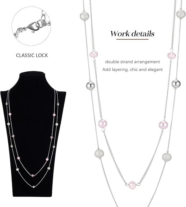 Silver Layered Long Necklace for Women Pearl Crystal Sweater Strand Chain Necklaces Fashion Gifts