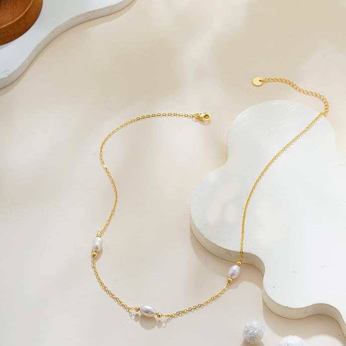 Gold Pearl Necklaces for Women Trendy, 14K Gold Plated Dainty Necklace Simple Layered Pearl Necklaces for Women Trendy Wedding Birthday Jewelry